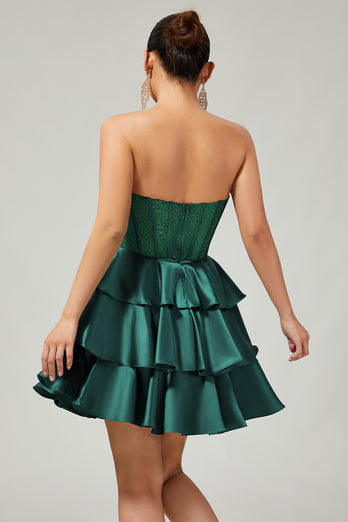 Sparkly Dark Green Strapless Corset Short Prom Dress with Beading