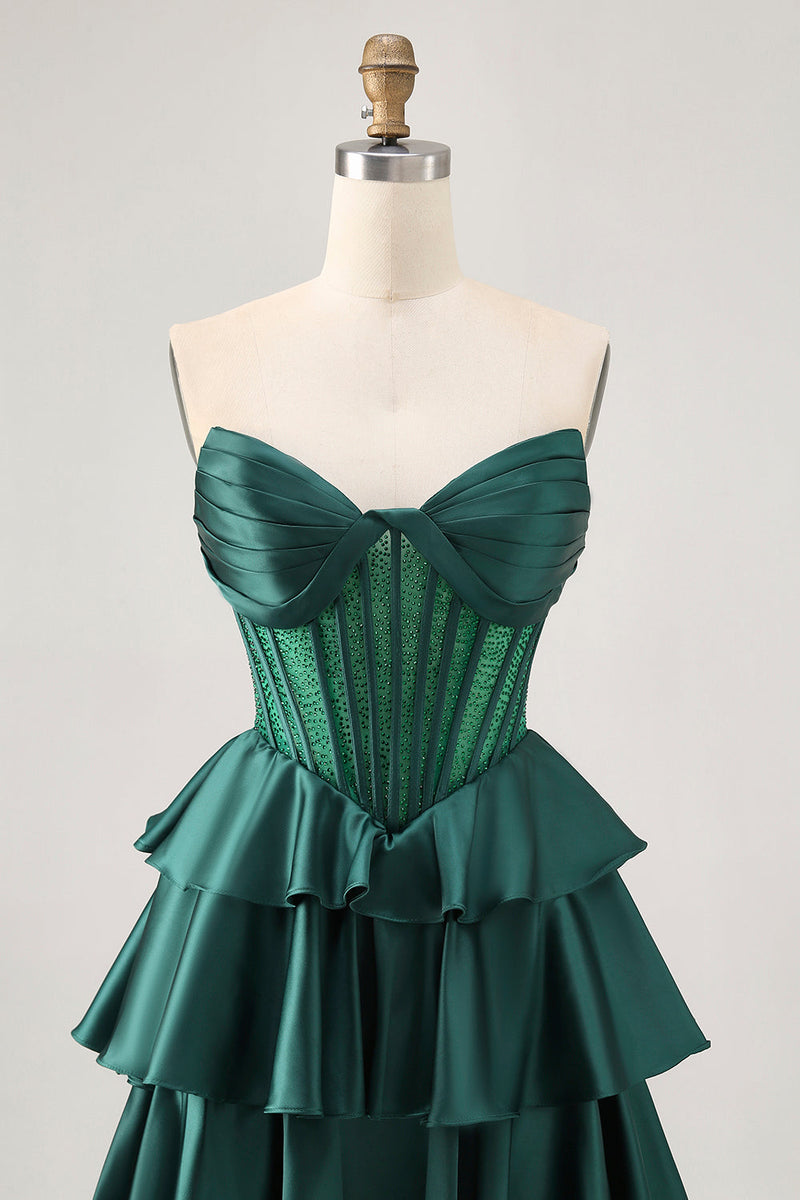 Load image into Gallery viewer, Sparkly Green Ruffles Corset Strapless Short Prom Dress with Beading