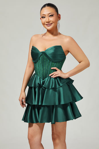 Sparkly Dark Green Strapless Corset Short Prom Dress with Beading