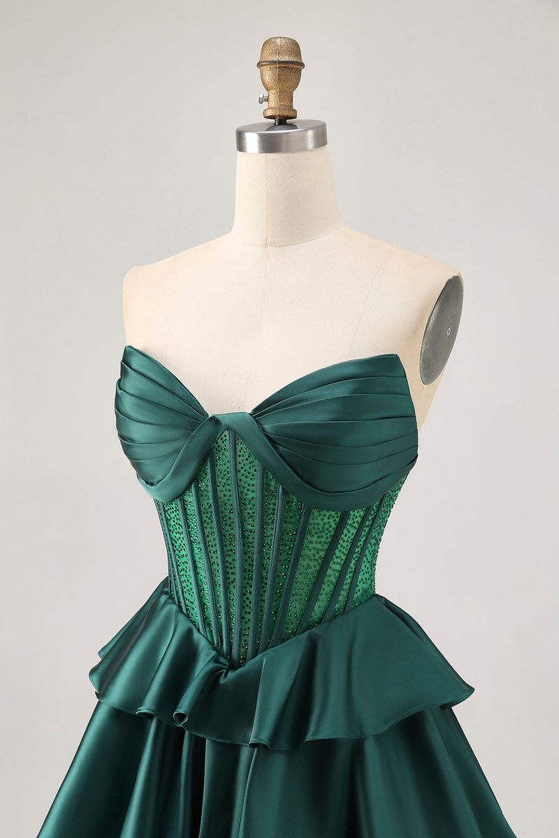 Load image into Gallery viewer, Sparkly Green Ruffles Corset Strapless Short Prom Dress with Beading