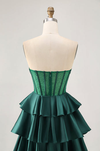Sparkly Green Ruffles Corset Strapless Short Prom Dress with Beading