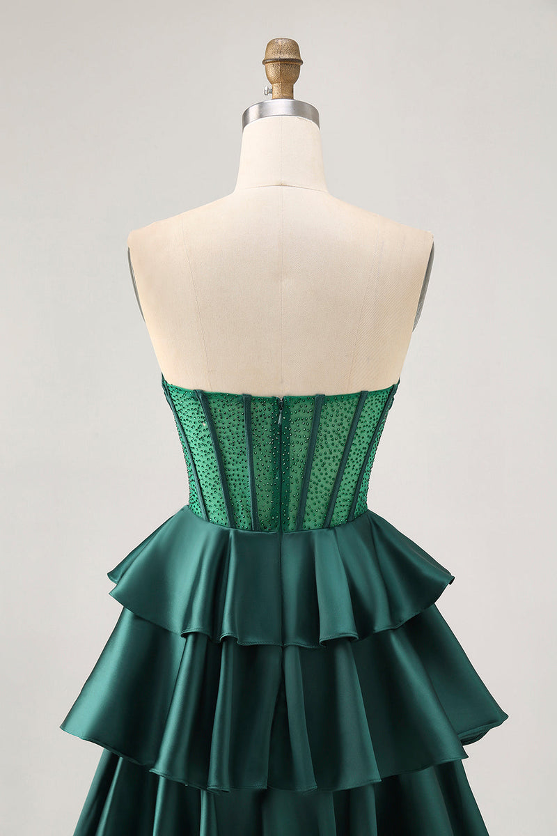 Load image into Gallery viewer, Sparkly Green Ruffles Corset Strapless Short Prom Dress with Beading