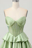 Load image into Gallery viewer, Sparkly Green Ruffles Corset Strapless Short Prom Dress with Beading