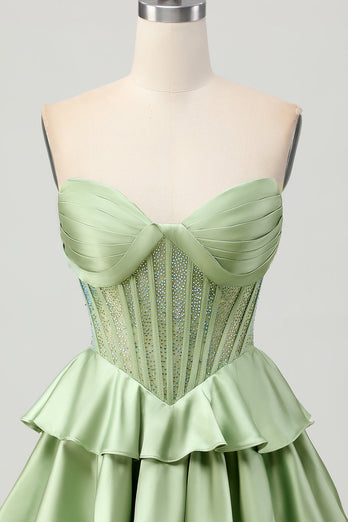 Sparkly Dark Green Strapless Corset Short Prom Dress with Beading