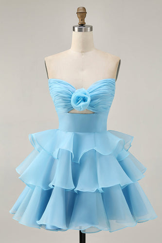 Blue Floral Ruched Strapless Short Prom Dress with Ruffles