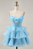 Load image into Gallery viewer, Purple Strapless Floral Short Tiered Prom Dress with Ruffles