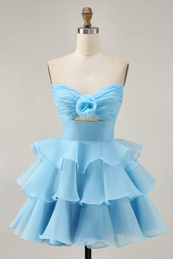 Blue Floral Ruched Strapless Short Prom Dress with Ruffles