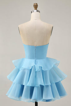 Blue Floral Ruched Strapless Short Prom Dress with Ruffles