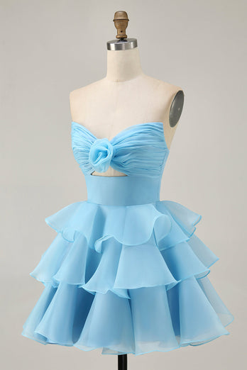 Blue Floral Ruched Strapless Short Prom Dress with Ruffles