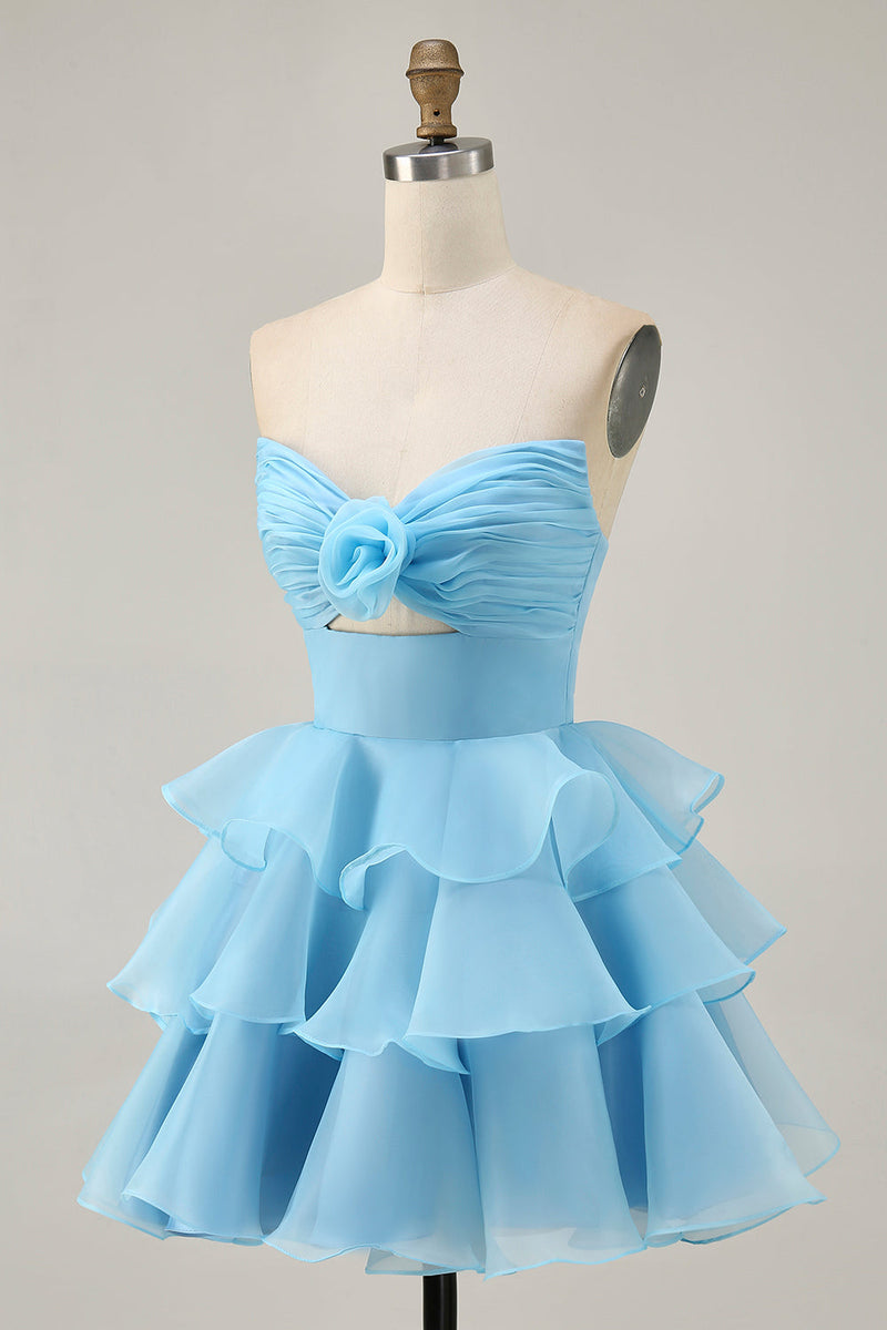 Load image into Gallery viewer, Purple Strapless Floral Short Tiered Prom Dress with Ruffles