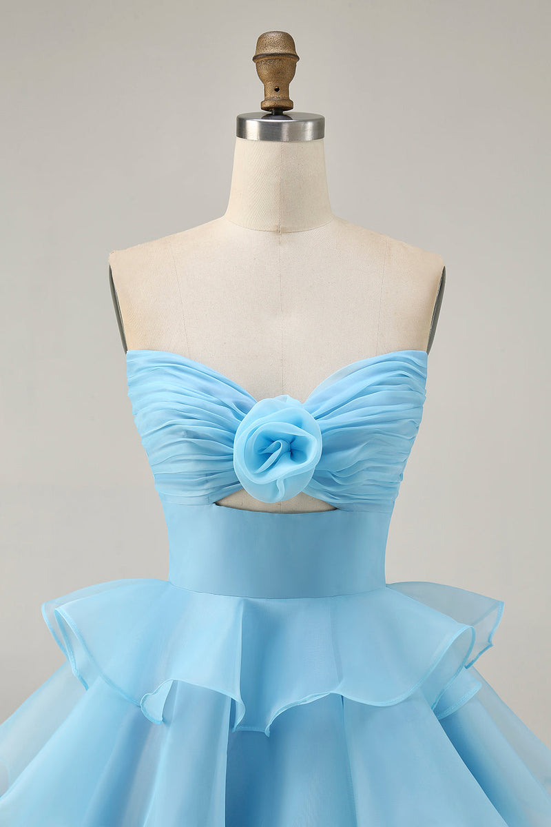 Load image into Gallery viewer, Blue Floral Ruched Strapless Short Prom Dress with Ruffles