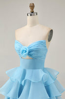 Load image into Gallery viewer, Blue Floral Ruched Strapless Short Prom Dress with Ruffles