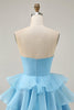 Load image into Gallery viewer, Purple Strapless Floral Short Tiered Prom Dress with Ruffles