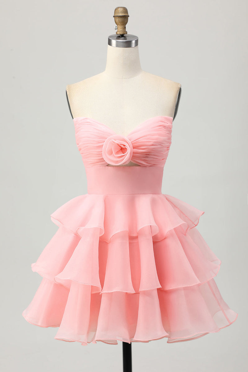 Load image into Gallery viewer, Blue Floral Ruched Strapless Short Prom Dress with Ruffles