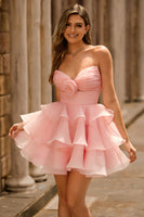 Load image into Gallery viewer, Blue Floral Ruched Strapless Short Prom Dress with Ruffles