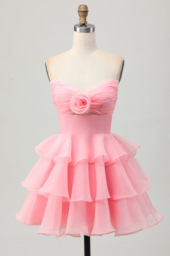 Blush Strapless Ruched Floral Short Prom Dress with Ruffles