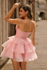 Load image into Gallery viewer, Blue Floral Ruched Strapless Short Prom Dress with Ruffles