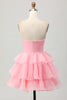 Load image into Gallery viewer, Blush Strapless Ruched Floral Short Prom Dress with Ruffles