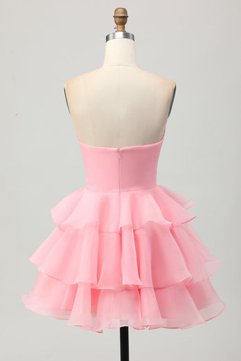 Blush Strapless Ruched Floral Short Prom Dress with Ruffles