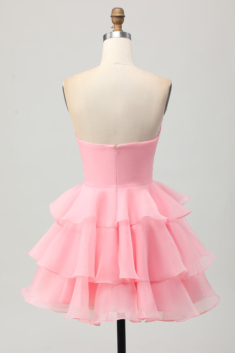 Load image into Gallery viewer, Blush Strapless Ruched Floral Short Prom Dress with Ruffles