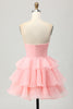 Load image into Gallery viewer, Blue Floral Ruched Strapless Short Prom Dress with Ruffles