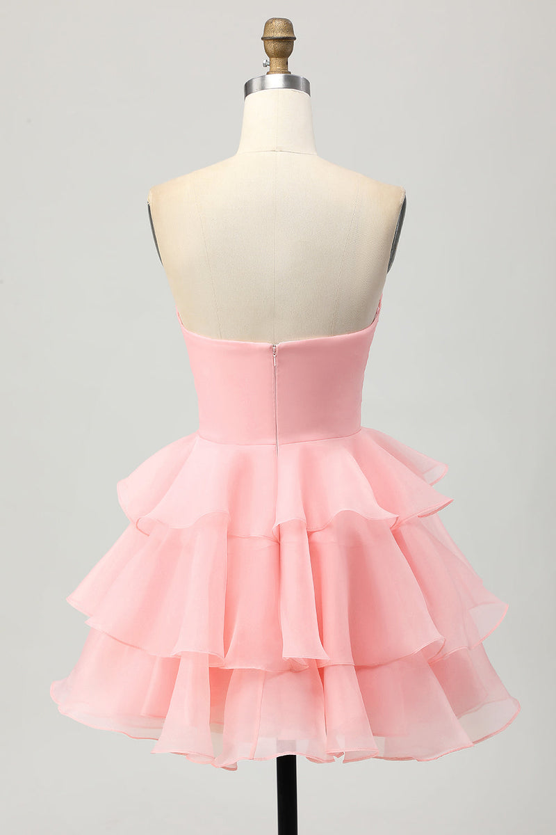 Load image into Gallery viewer, Blue Floral Ruched Strapless Short Prom Dress with Ruffles