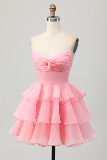 Blush Strapless Ruched Floral Short Prom Dress with Ruffles