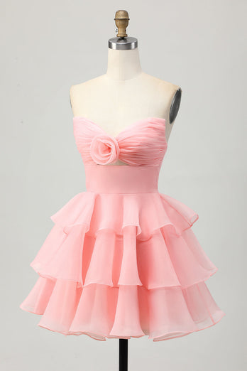 Blue Floral Ruched Strapless Short Prom Dress with Ruffles