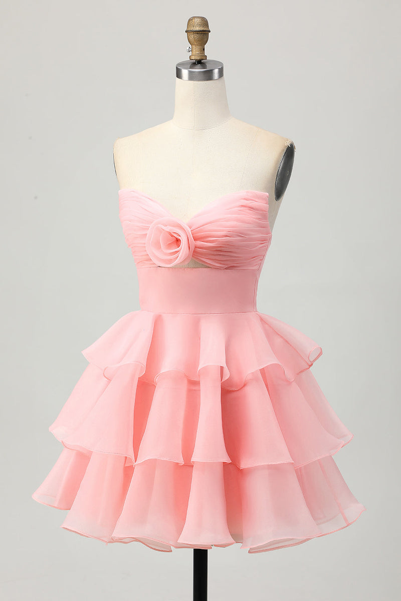 Load image into Gallery viewer, Blue Floral Ruched Strapless Short Prom Dress with Ruffles