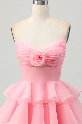 Blush Strapless Ruched Floral Short Prom Dress with Ruffles