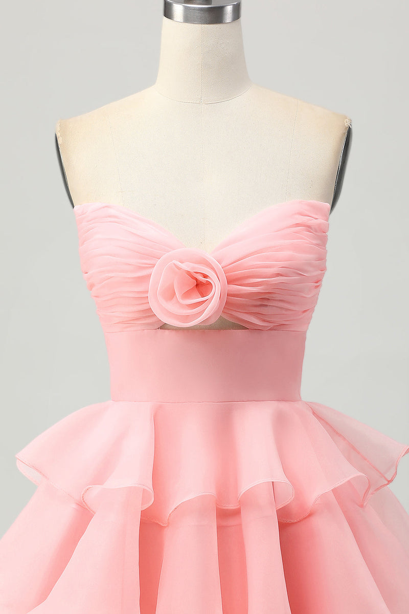 Load image into Gallery viewer, Purple Strapless Floral Short Tiered Prom Dress with Ruffles