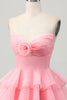 Load image into Gallery viewer, Green Floral Ruched Strapless Short Prom Dress with Ruffles