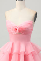 Load image into Gallery viewer, Blush Strapless Ruched Floral Short Prom Dress with Ruffles