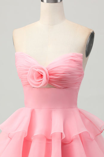 Blush Strapless Ruched Floral Short Prom Dress with Ruffles