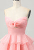 Load image into Gallery viewer, Blue Floral Ruched Strapless Short Prom Dress with Ruffles