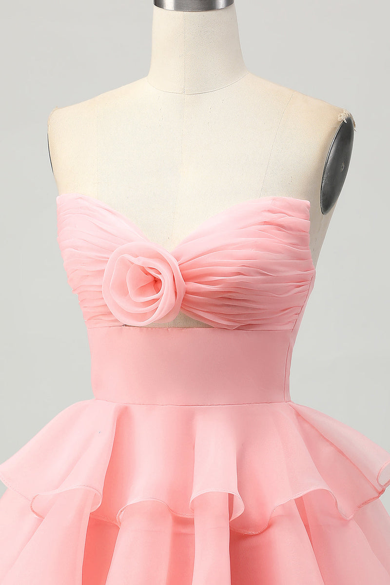 Load image into Gallery viewer, Blue Floral Ruched Strapless Short Prom Dress with Ruffles