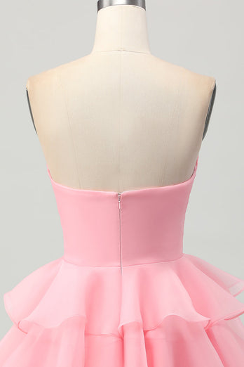 Blush Strapless Ruched Floral Short Prom Dress with Ruffles