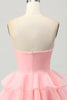 Load image into Gallery viewer, Blue Floral Ruched Strapless Short Prom Dress with Ruffles