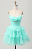 Load image into Gallery viewer, Blue Floral Ruched Strapless Short Prom Dress with Ruffles