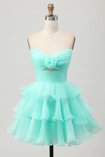 Blue Floral Ruched Strapless Short Prom Dress with Ruffles