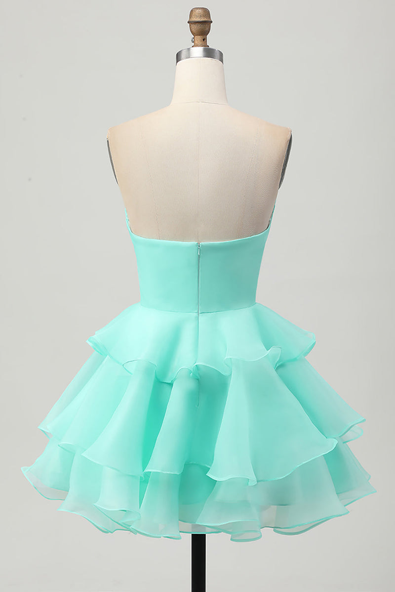 Load image into Gallery viewer, Purple Strapless Floral Short Tiered Prom Dress with Ruffles