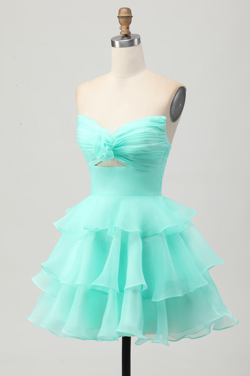 Load image into Gallery viewer, Purple Strapless Floral Short Tiered Prom Dress with Ruffles