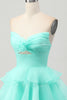 Load image into Gallery viewer, Blue Floral Ruched Strapless Short Prom Dress with Ruffles