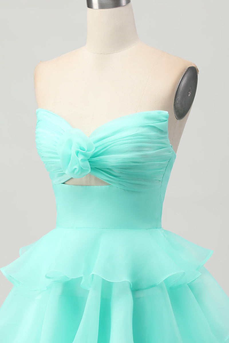Load image into Gallery viewer, Blue Floral Ruched Strapless Short Prom Dress with Ruffles