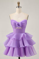 Load image into Gallery viewer, Purple Strapless Floral Short Tiered Prom Dress with Ruffles