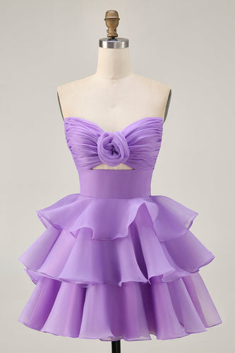 Purple Strapless Floral Short Tiered Prom Dress with Ruffles