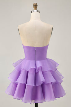 Purple Strapless Floral Short Tiered Prom Dress with Ruffles