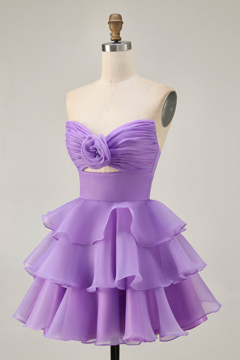 Load image into Gallery viewer, Purple Strapless Floral Short Tiered Prom Dress with Ruffles