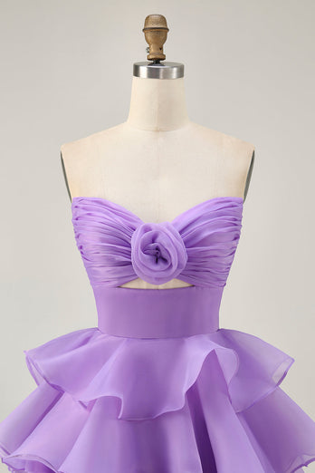 Purple Strapless Floral Short Tiered Prom Dress with Ruffles