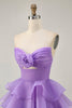 Load image into Gallery viewer, Purple Strapless Floral Short Tiered Prom Dress with Ruffles